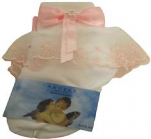 Girls Socks w/ Organza Trimming and Bow 022103E-White/ Pink